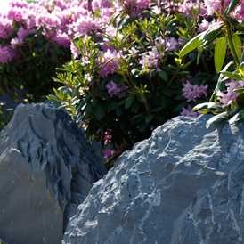 Skiferskulptur med rhododendron omkring